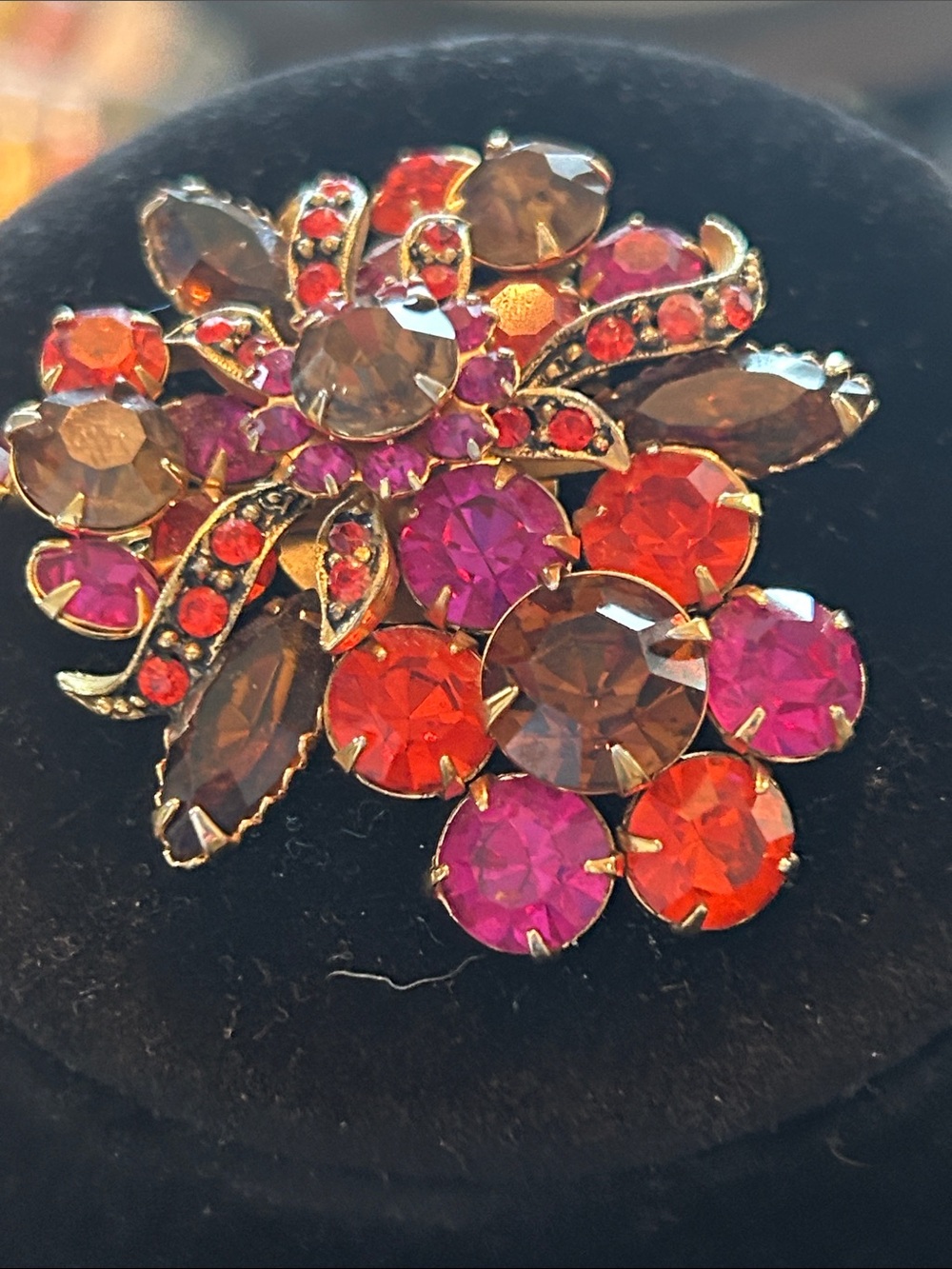 Vintage-Inspired Pink & Orange Crystal Floral Brooch